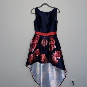 Chi Chi London formal asymmetrical dress.  Navy with coral floral.  Size small